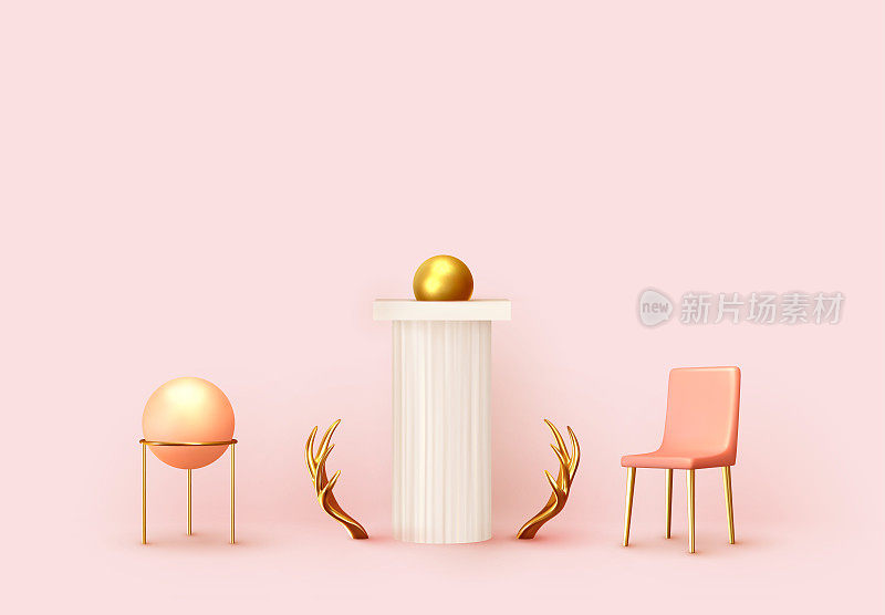 Abstract background with 3d realistic objects design. Interior art installation. Elements Composition Antique Concrete white Column, Golden Ball, Chair. Backdrop pink colors. Vector illustration